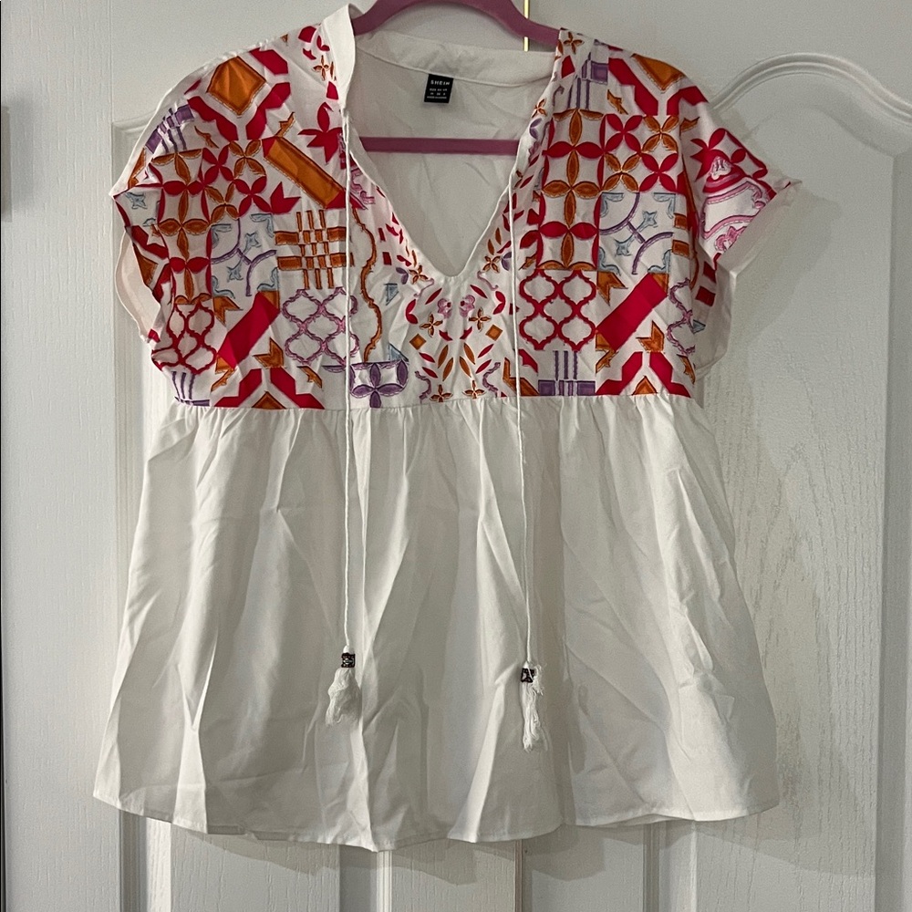 Maternity Embroidered V-Neck Peasant Top in White with Multicolor Accents